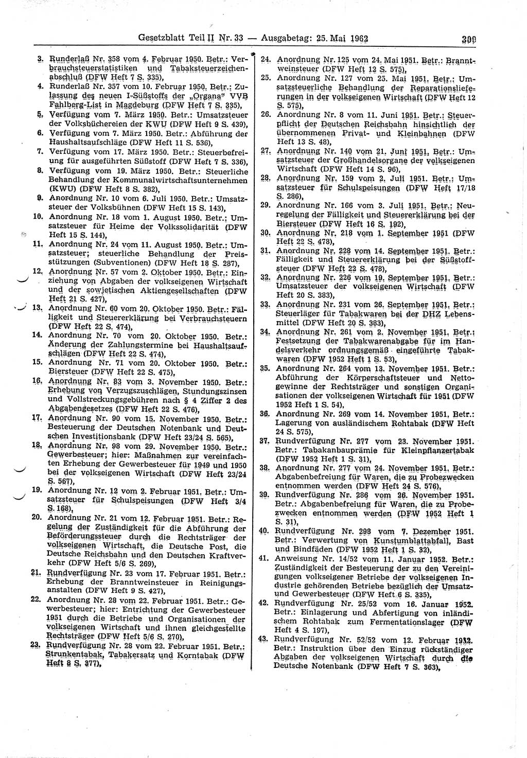 Gesetzblatt (GBl.) der Deutschen Demokratischen Republik (DDR) Teil ⅠⅠ 1962, Seite 309 (GBl. DDR ⅠⅠ 1962, S. 309)