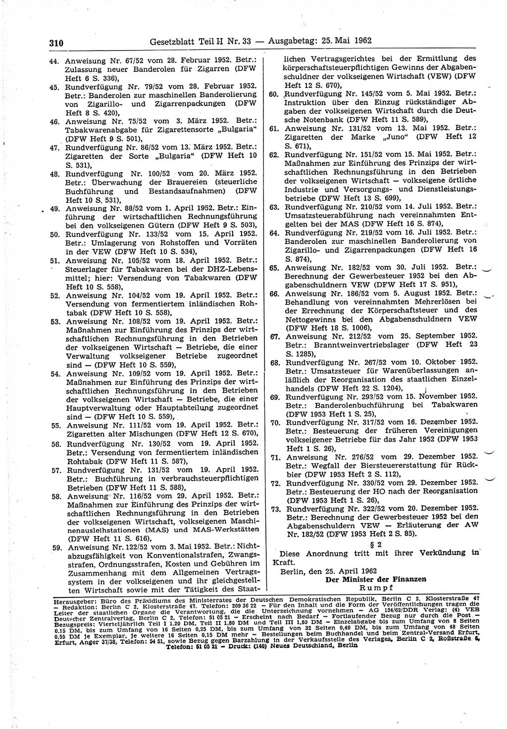 Gesetzblatt (GBl.) der Deutschen Demokratischen Republik (DDR) Teil ⅠⅠ 1962, Seite 310 (GBl. DDR ⅠⅠ 1962, S. 310)