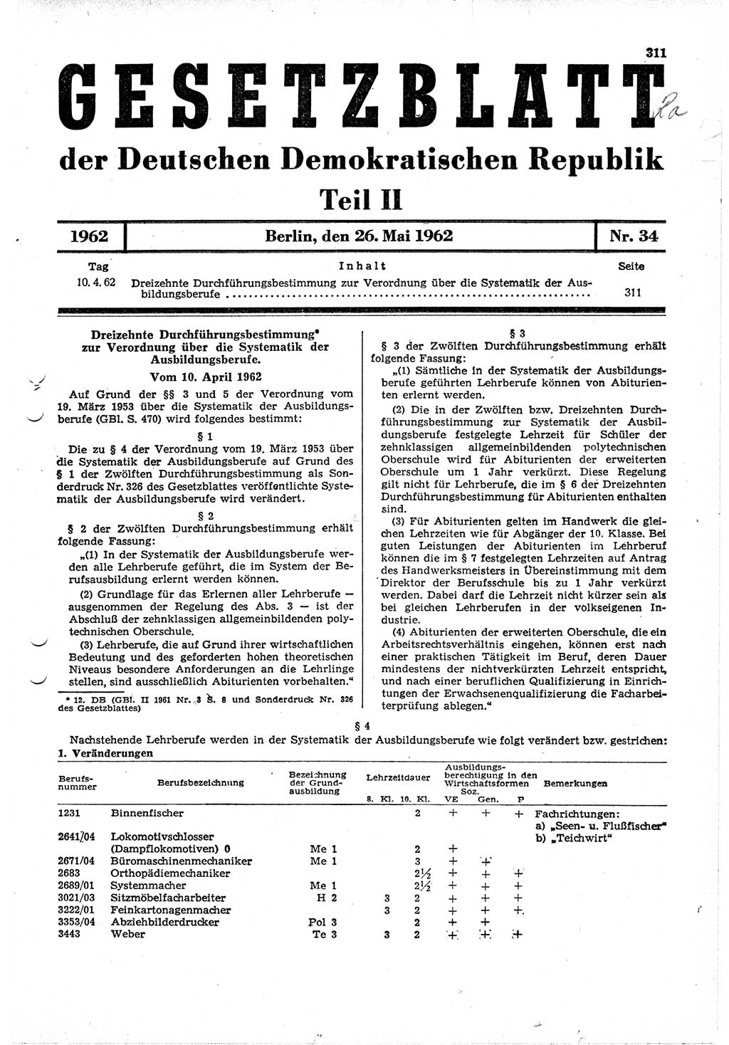 Gesetzblatt (GBl.) der Deutschen Demokratischen Republik (DDR) Teil ⅠⅠ 1962, Seite 311 (GBl. DDR ⅠⅠ 1962, S. 311)
