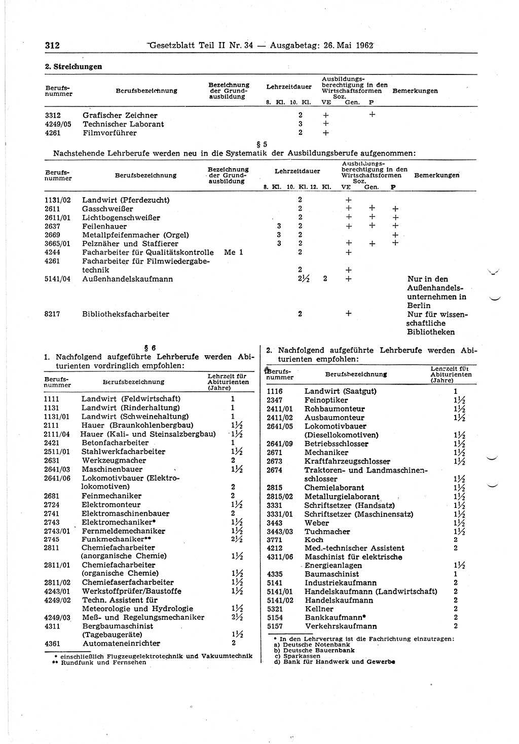 Gesetzblatt (GBl.) der Deutschen Demokratischen Republik (DDR) Teil ⅠⅠ 1962, Seite 312 (GBl. DDR ⅠⅠ 1962, S. 312)