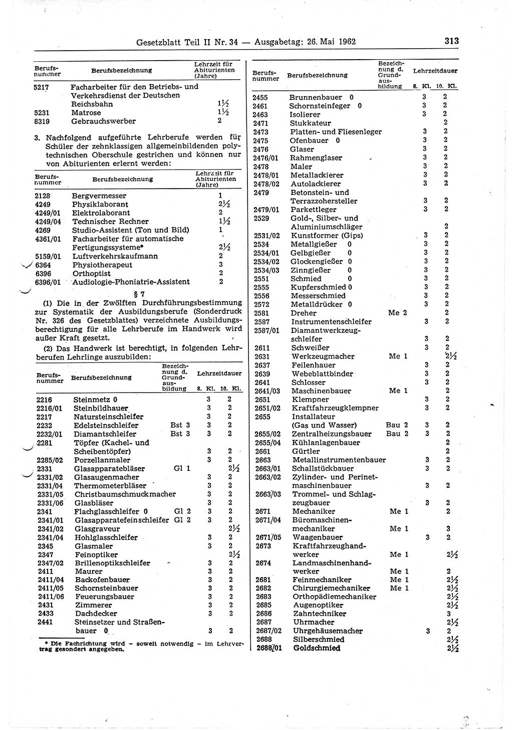 Gesetzblatt (GBl.) der Deutschen Demokratischen Republik (DDR) Teil ⅠⅠ 1962, Seite 313 (GBl. DDR ⅠⅠ 1962, S. 313)