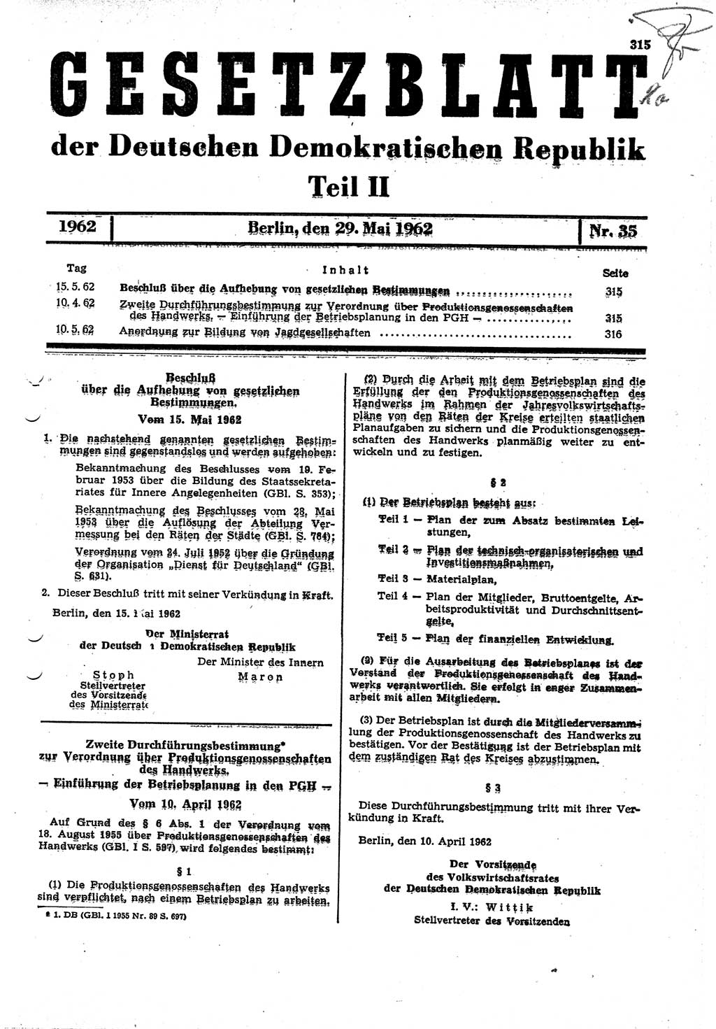 Gesetzblatt (GBl.) der Deutschen Demokratischen Republik (DDR) Teil ⅠⅠ 1962, Seite 315 (GBl. DDR ⅠⅠ 1962, S. 315)