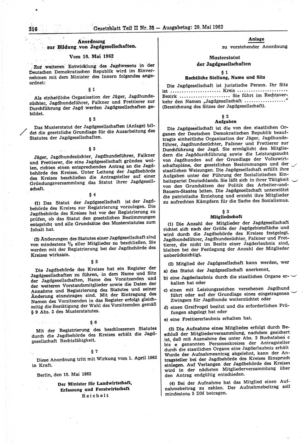 Gesetzblatt (GBl.) der Deutschen Demokratischen Republik (DDR) Teil ⅠⅠ 1962, Seite 316 (GBl. DDR ⅠⅠ 1962, S. 316)