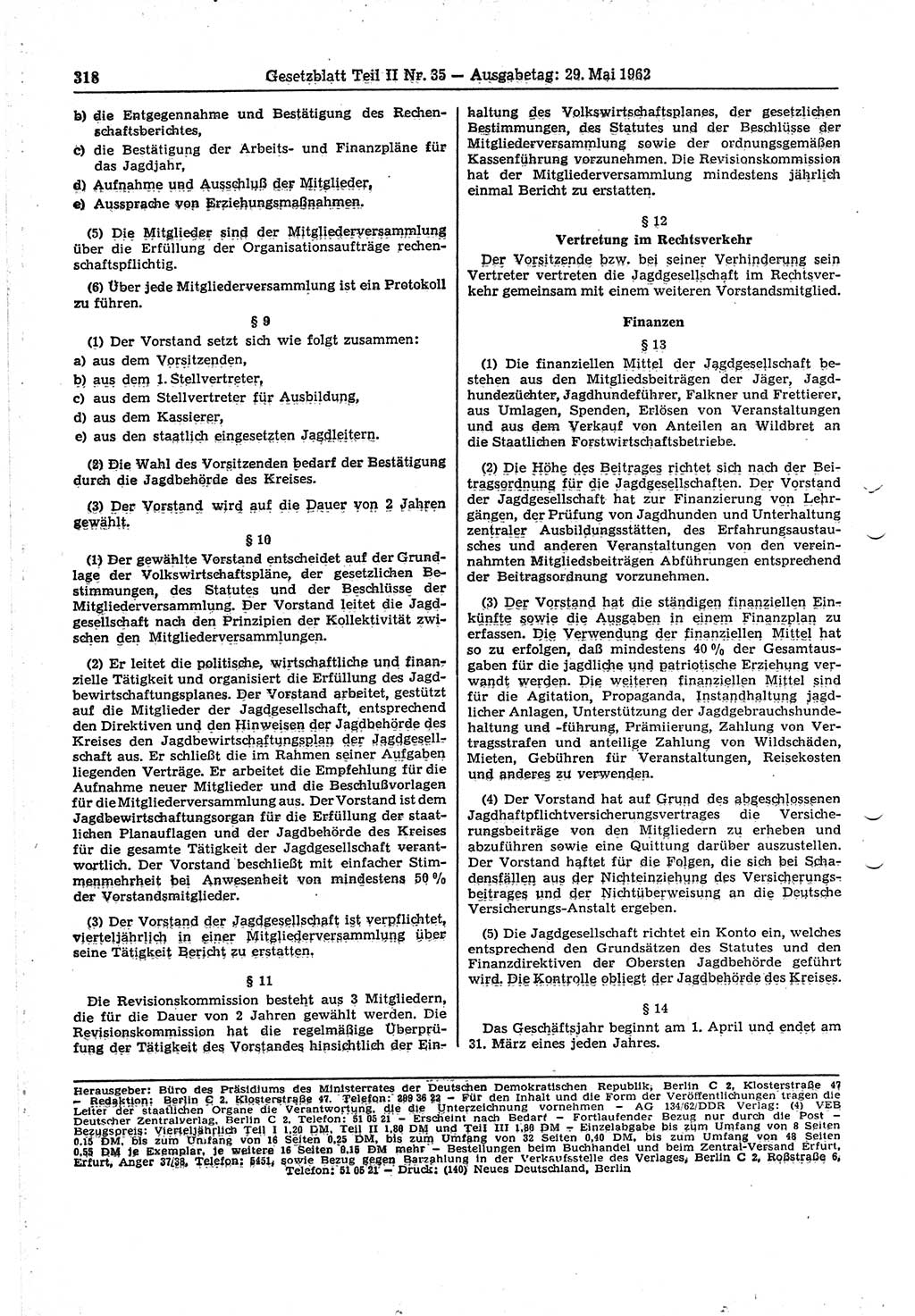 Gesetzblatt (GBl.) der Deutschen Demokratischen Republik (DDR) Teil ⅠⅠ 1962, Seite 318 (GBl. DDR ⅠⅠ 1962, S. 318)