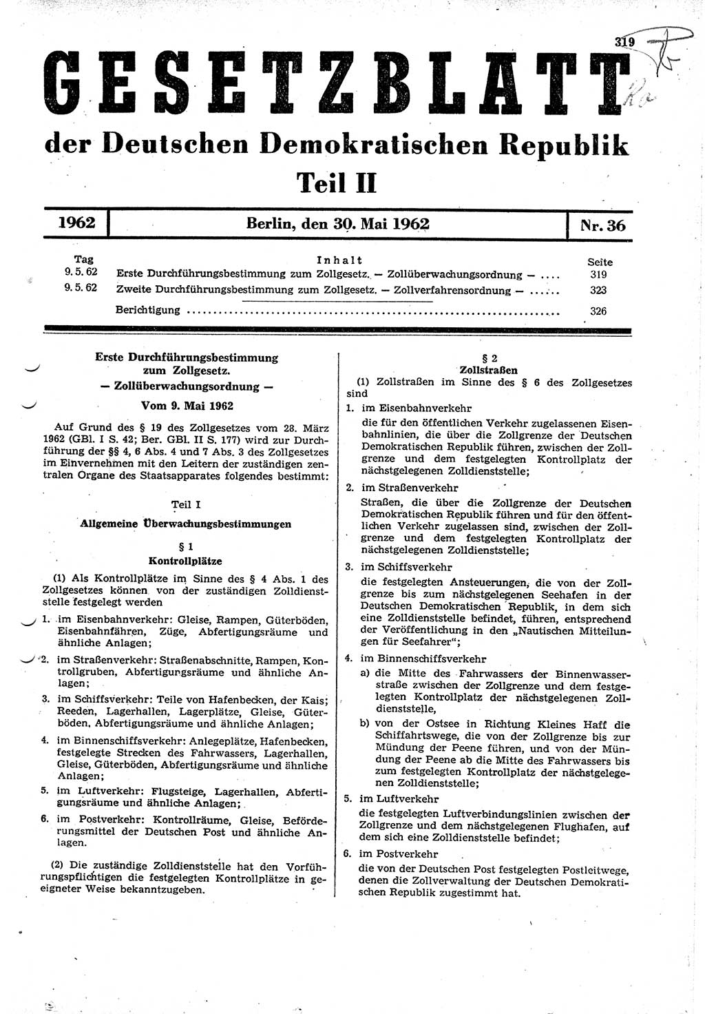 Gesetzblatt (GBl.) der Deutschen Demokratischen Republik (DDR) Teil ⅠⅠ 1962, Seite 319 (GBl. DDR ⅠⅠ 1962, S. 319)