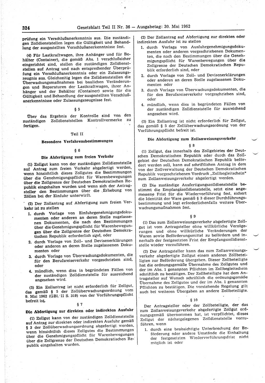 Gesetzblatt (GBl.) der Deutschen Demokratischen Republik (DDR) Teil ⅠⅠ 1962, Seite 324 (GBl. DDR ⅠⅠ 1962, S. 324)