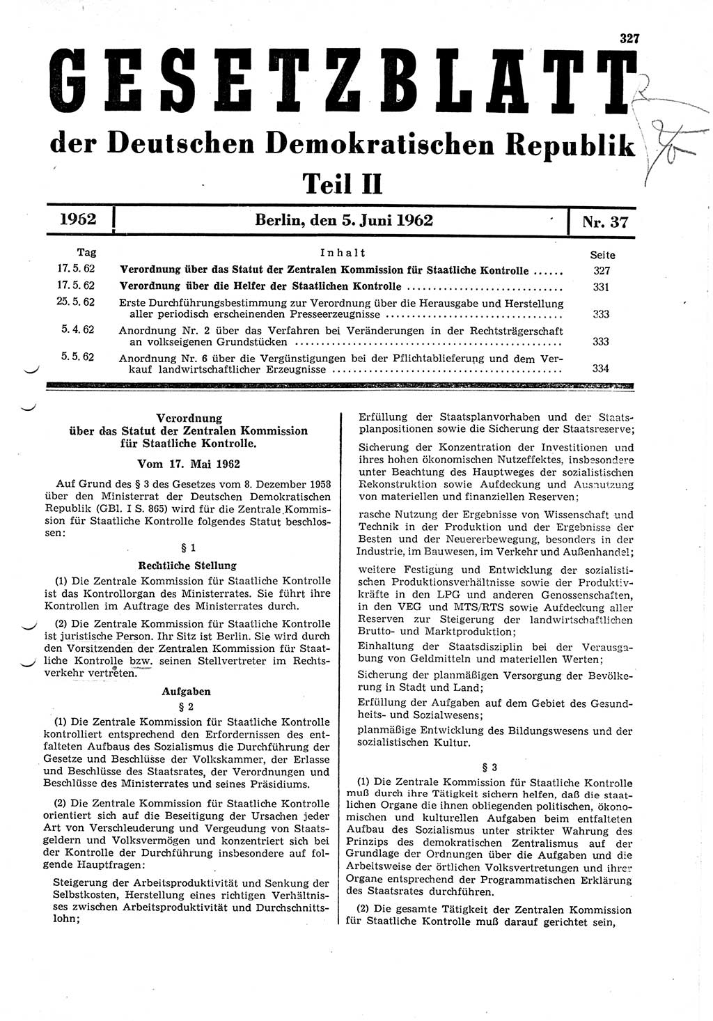Gesetzblatt (GBl.) der Deutschen Demokratischen Republik (DDR) Teil ⅠⅠ 1962, Seite 327 (GBl. DDR ⅠⅠ 1962, S. 327)