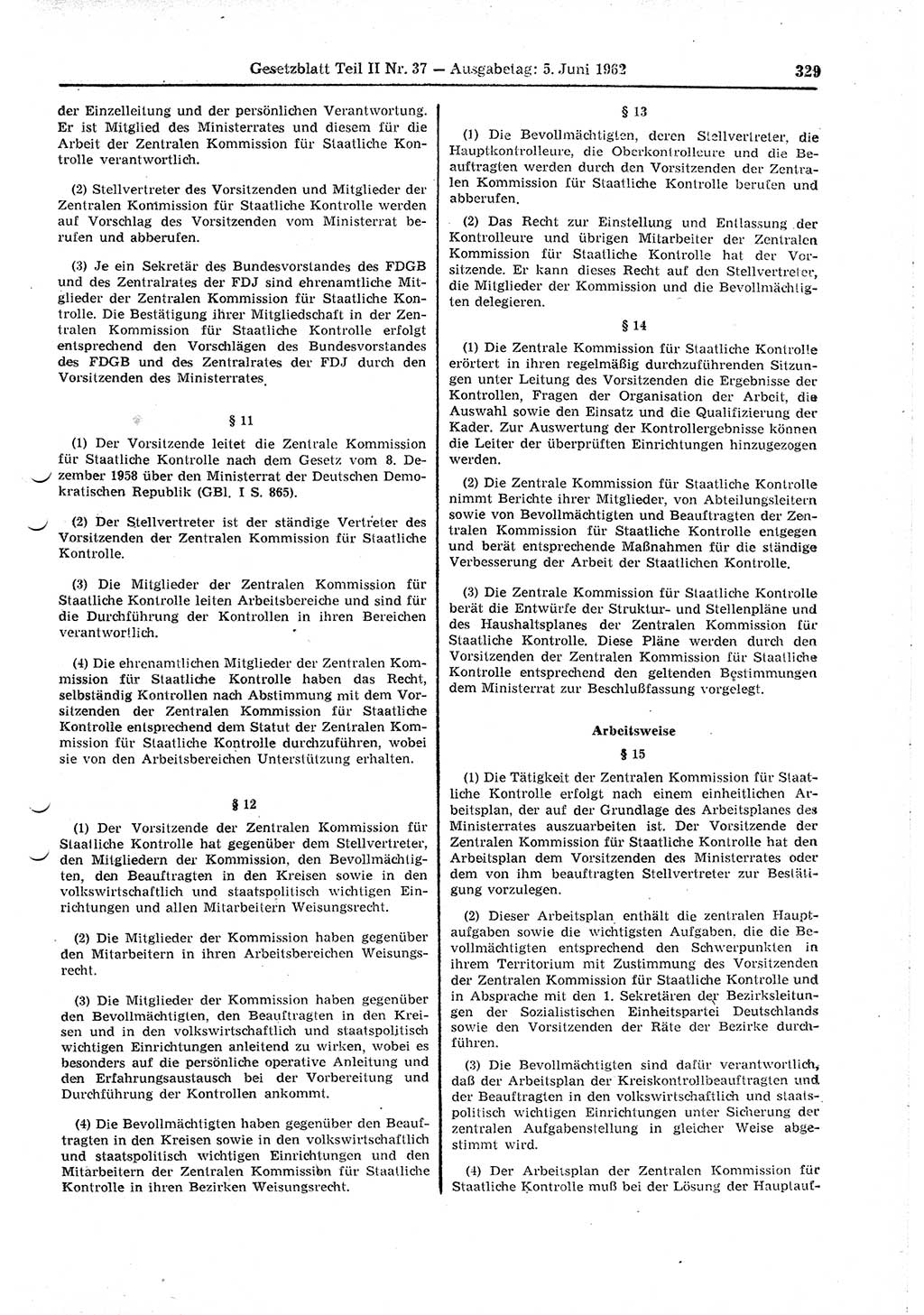 Gesetzblatt (GBl.) der Deutschen Demokratischen Republik (DDR) Teil ⅠⅠ 1962, Seite 329 (GBl. DDR ⅠⅠ 1962, S. 329)