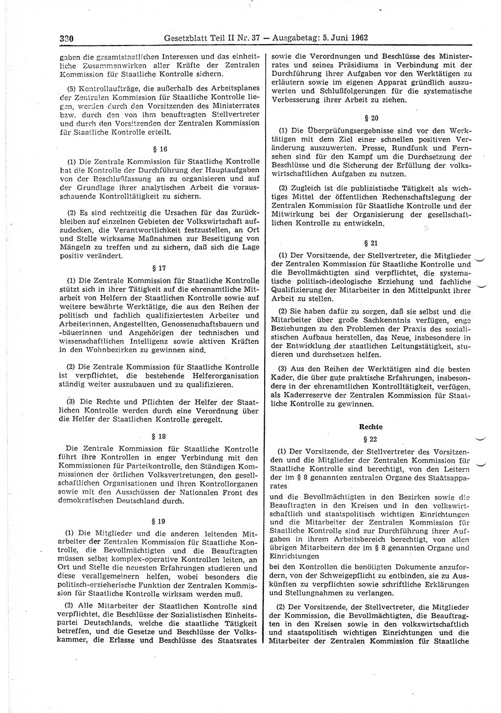 Gesetzblatt (GBl.) der Deutschen Demokratischen Republik (DDR) Teil ⅠⅠ 1962, Seite 330 (GBl. DDR ⅠⅠ 1962, S. 330)