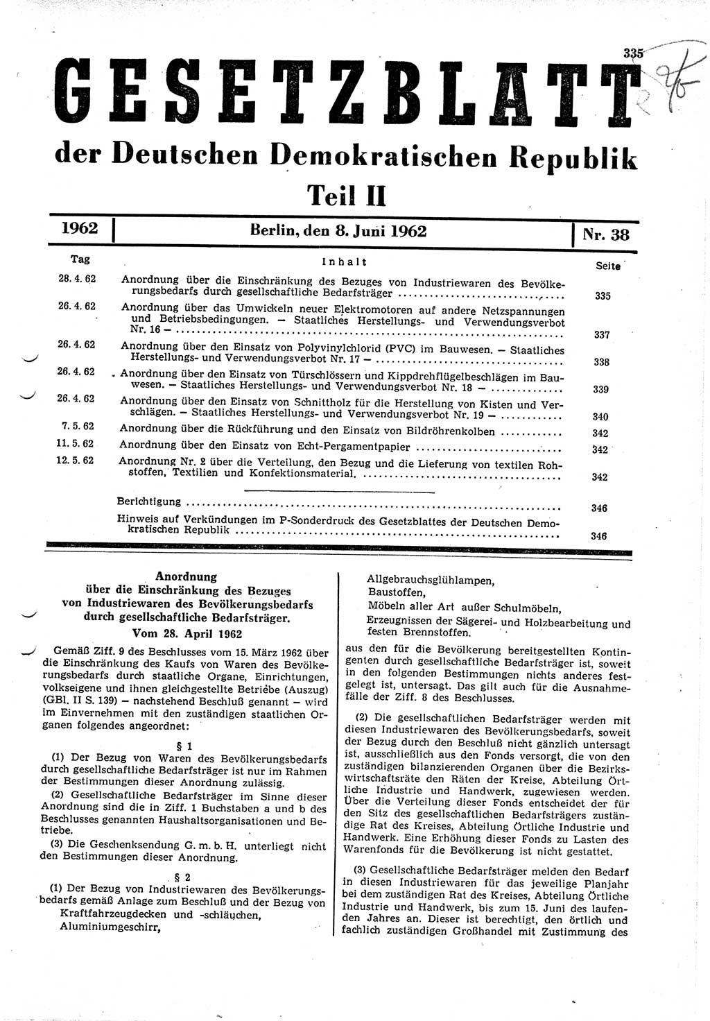 Gesetzblatt (GBl.) der Deutschen Demokratischen Republik (DDR) Teil ⅠⅠ 1962, Seite 335 (GBl. DDR ⅠⅠ 1962, S. 335)