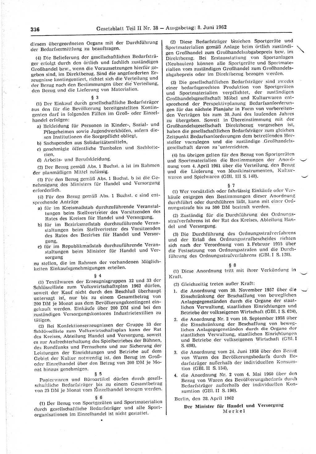 Gesetzblatt (GBl.) der Deutschen Demokratischen Republik (DDR) Teil ⅠⅠ 1962, Seite 336 (GBl. DDR ⅠⅠ 1962, S. 336)