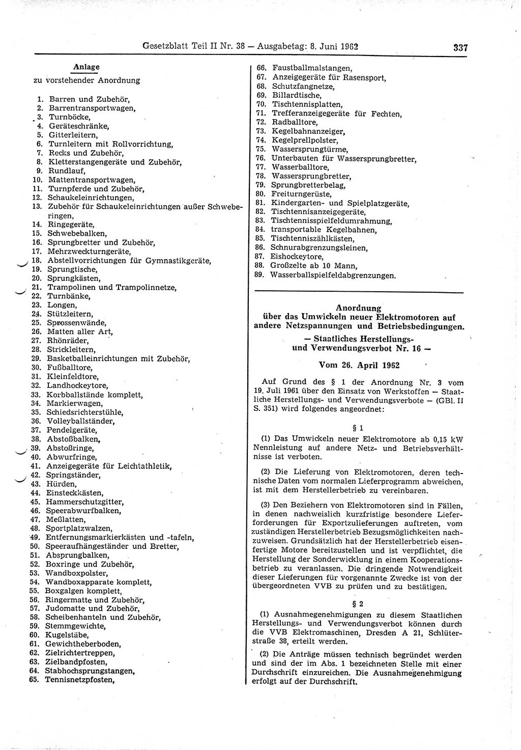 Gesetzblatt (GBl.) der Deutschen Demokratischen Republik (DDR) Teil ⅠⅠ 1962, Seite 337 (GBl. DDR ⅠⅠ 1962, S. 337)