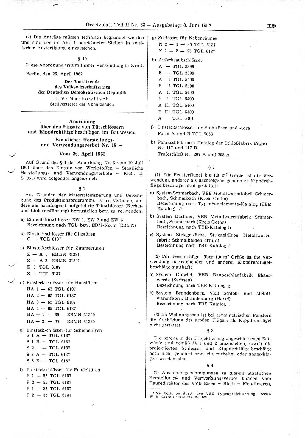 Gesetzblatt (GBl.) der Deutschen Demokratischen Republik (DDR) Teil ⅠⅠ 1962, Seite 339 (GBl. DDR ⅠⅠ 1962, S. 339)