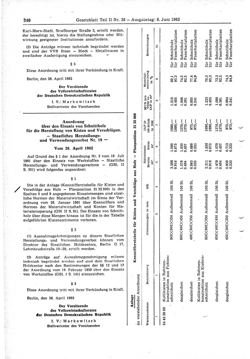 Gesetzblatt (GBl.) der Deutschen Demokratischen Republik (DDR) Teil ⅠⅠ 1962, Seite 340 (GBl. DDR ⅠⅠ 1962, S. 340)