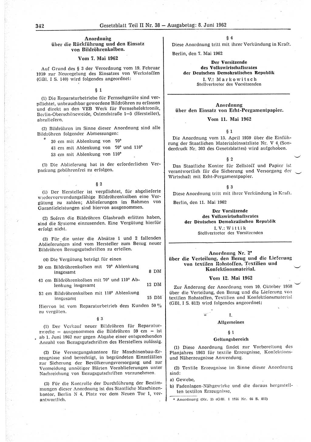 Gesetzblatt (GBl.) der Deutschen Demokratischen Republik (DDR) Teil ⅠⅠ 1962, Seite 342 (GBl. DDR ⅠⅠ 1962, S. 342)