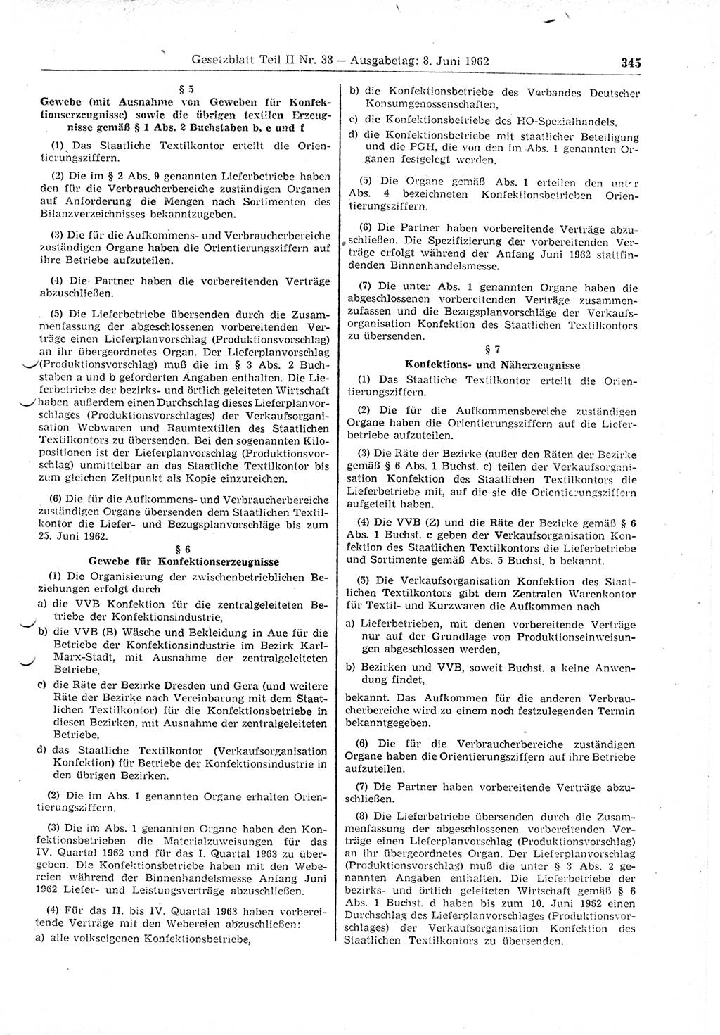 Gesetzblatt (GBl.) der Deutschen Demokratischen Republik (DDR) Teil ⅠⅠ 1962, Seite 345 (GBl. DDR ⅠⅠ 1962, S. 345)