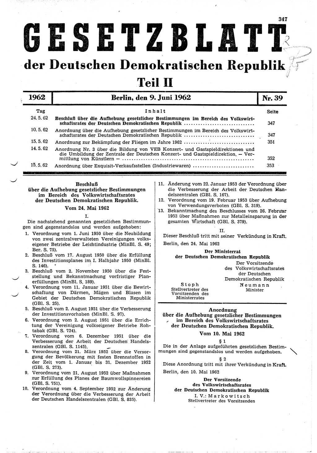 Gesetzblatt (GBl.) der Deutschen Demokratischen Republik (DDR) Teil ⅠⅠ 1962, Seite 347 (GBl. DDR ⅠⅠ 1962, S. 347)