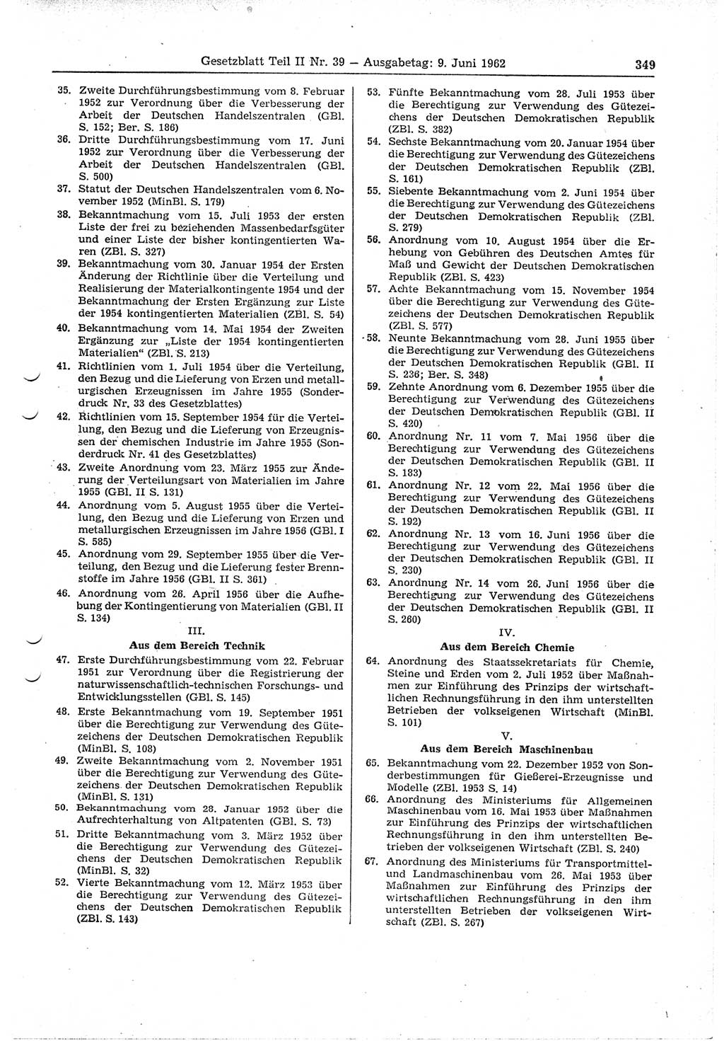 Gesetzblatt (GBl.) der Deutschen Demokratischen Republik (DDR) Teil ⅠⅠ 1962, Seite 349 (GBl. DDR ⅠⅠ 1962, S. 349)