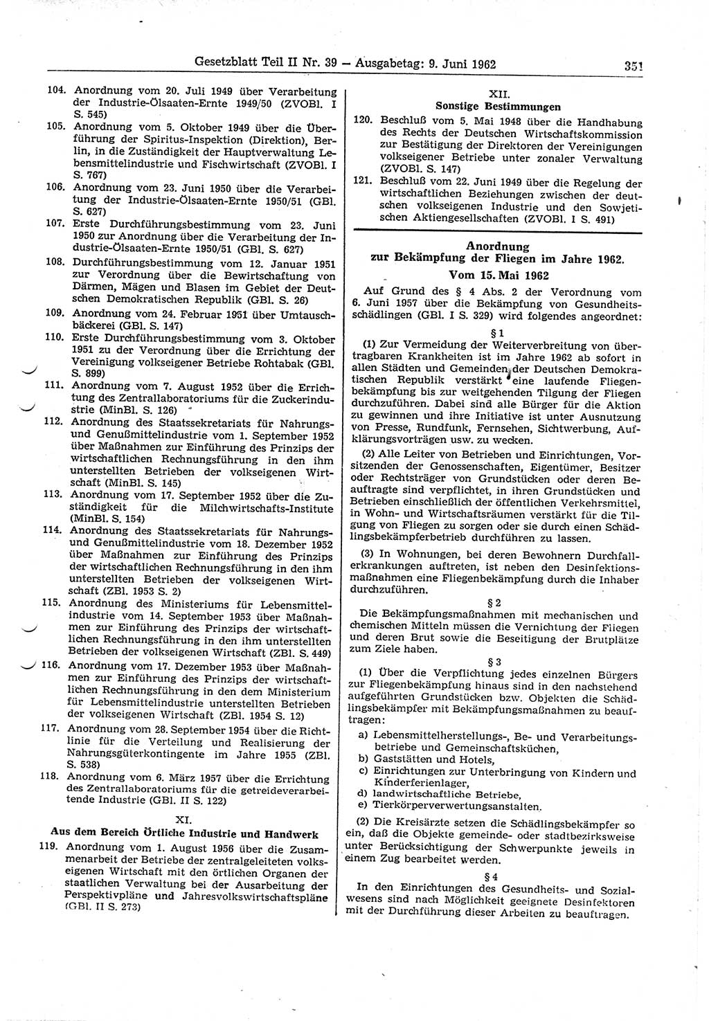 Gesetzblatt (GBl.) der Deutschen Demokratischen Republik (DDR) Teil ⅠⅠ 1962, Seite 351 (GBl. DDR ⅠⅠ 1962, S. 351)