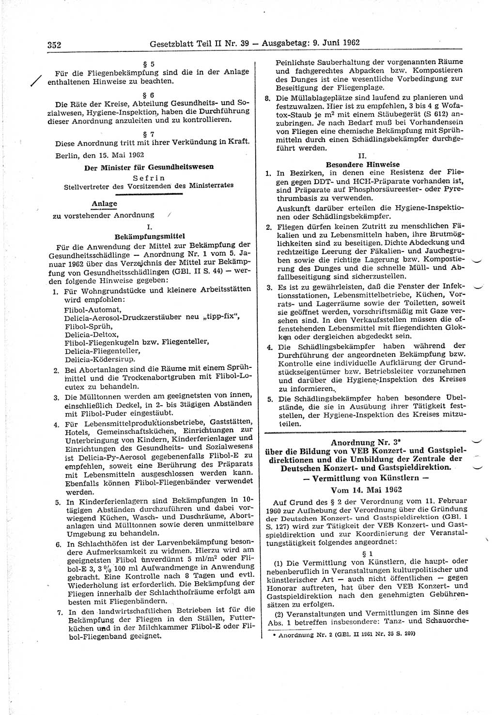 Gesetzblatt (GBl.) der Deutschen Demokratischen Republik (DDR) Teil ⅠⅠ 1962, Seite 352 (GBl. DDR ⅠⅠ 1962, S. 352)