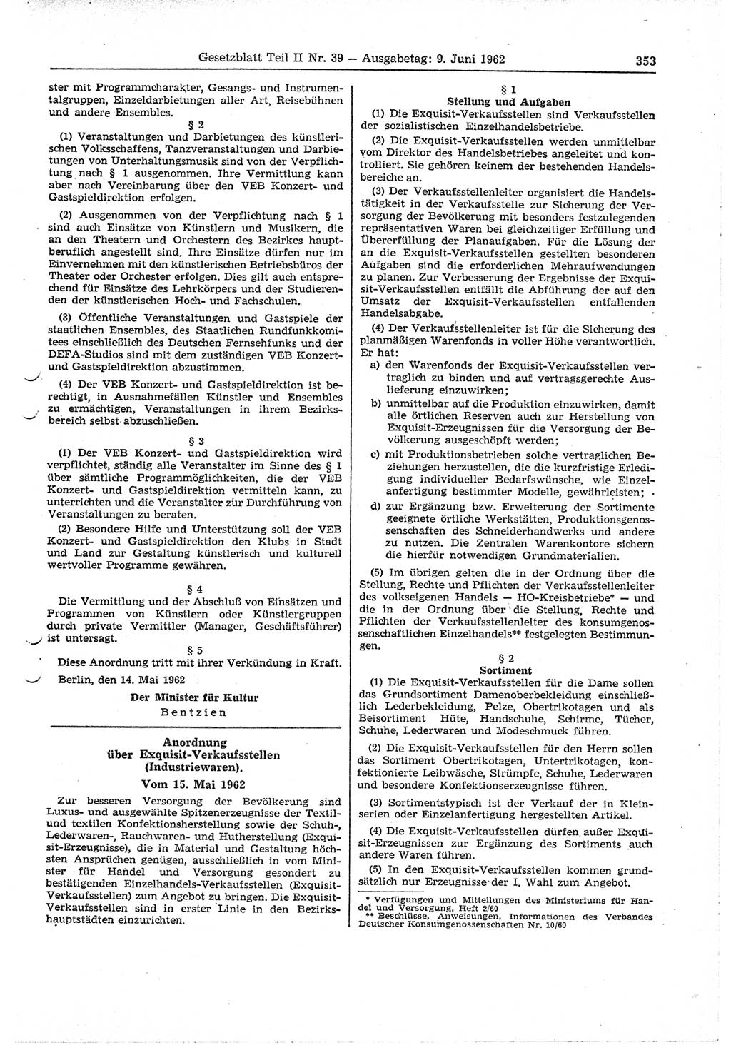 Gesetzblatt (GBl.) der Deutschen Demokratischen Republik (DDR) Teil ⅠⅠ 1962, Seite 353 (GBl. DDR ⅠⅠ 1962, S. 353)