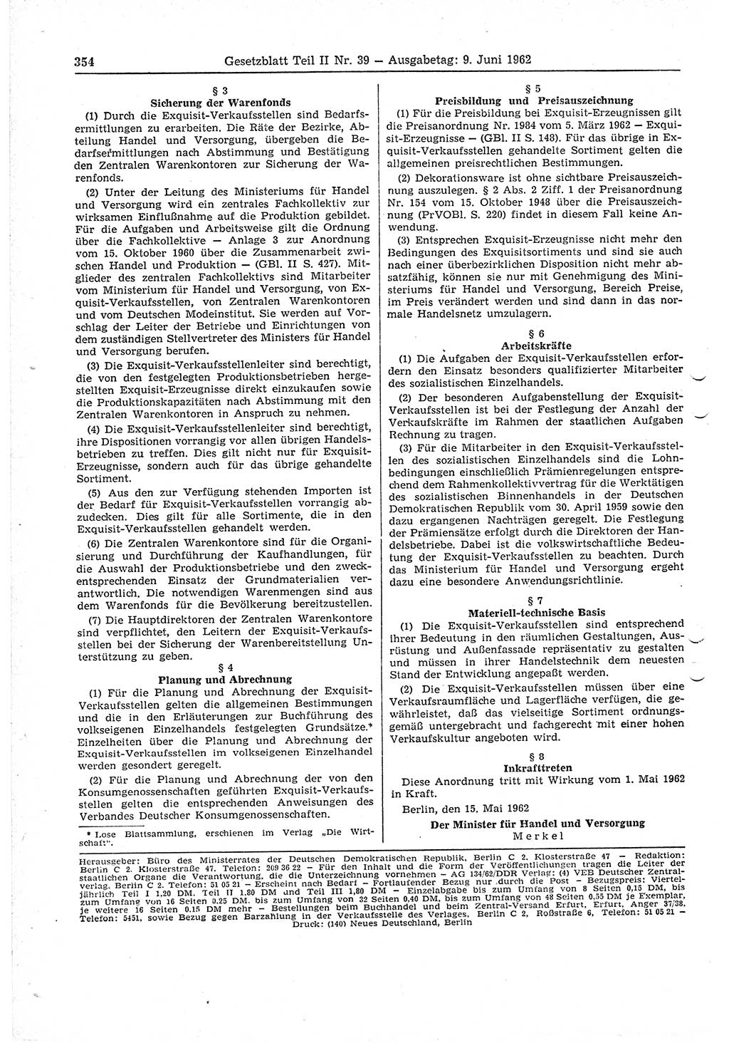 Gesetzblatt (GBl.) der Deutschen Demokratischen Republik (DDR) Teil ⅠⅠ 1962, Seite 354 (GBl. DDR ⅠⅠ 1962, S. 354)