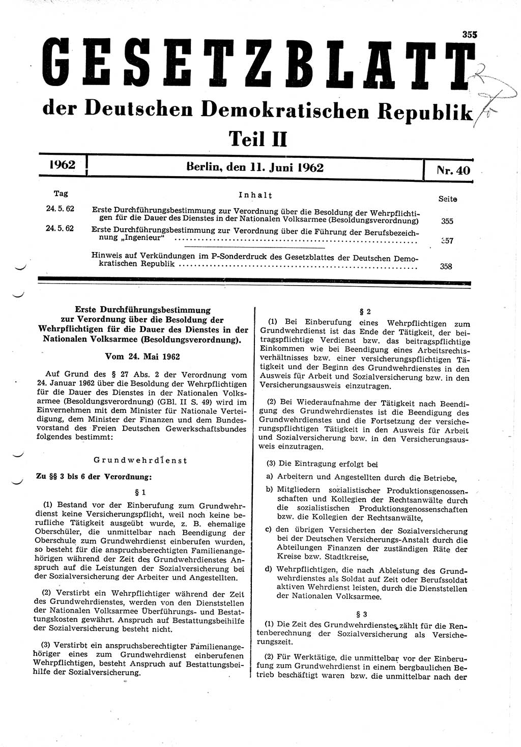 Gesetzblatt (GBl.) der Deutschen Demokratischen Republik (DDR) Teil ⅠⅠ 1962, Seite 355 (GBl. DDR ⅠⅠ 1962, S. 355)