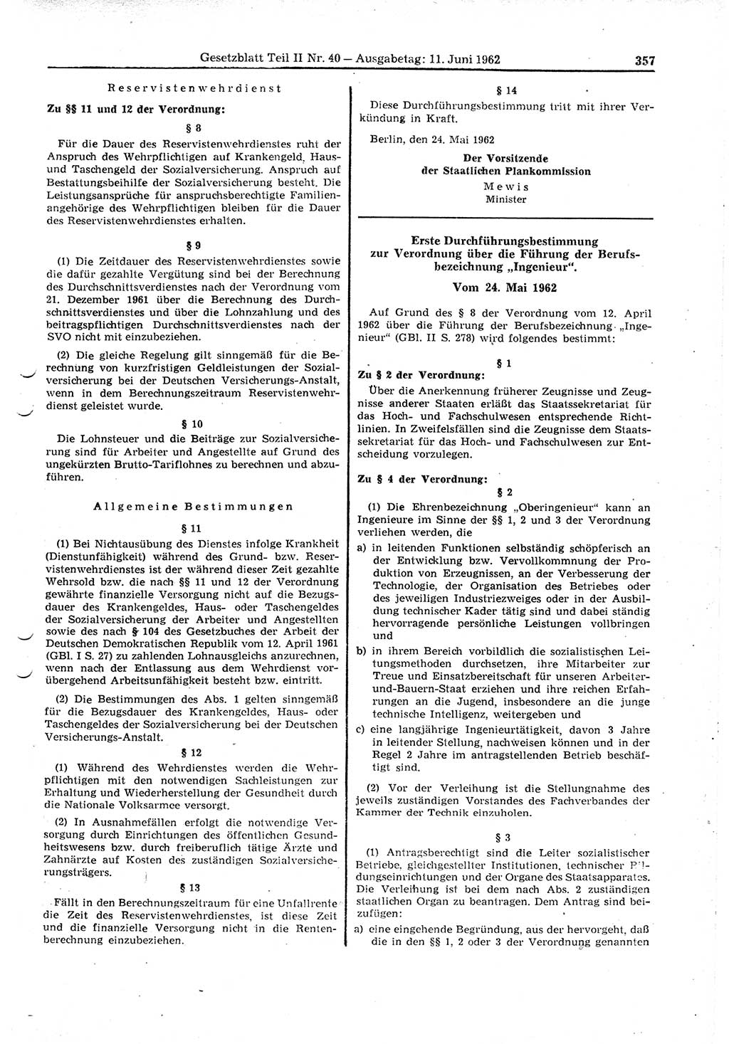 Gesetzblatt (GBl.) der Deutschen Demokratischen Republik (DDR) Teil ⅠⅠ 1962, Seite 357 (GBl. DDR ⅠⅠ 1962, S. 357)