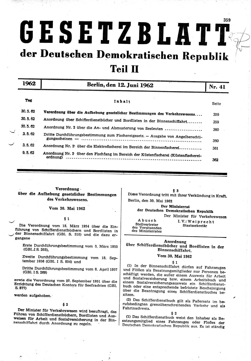 Gesetzblatt (GBl.) der Deutschen Demokratischen Republik (DDR) Teil ⅠⅠ 1962, Seite 359 (GBl. DDR ⅠⅠ 1962, S. 359)