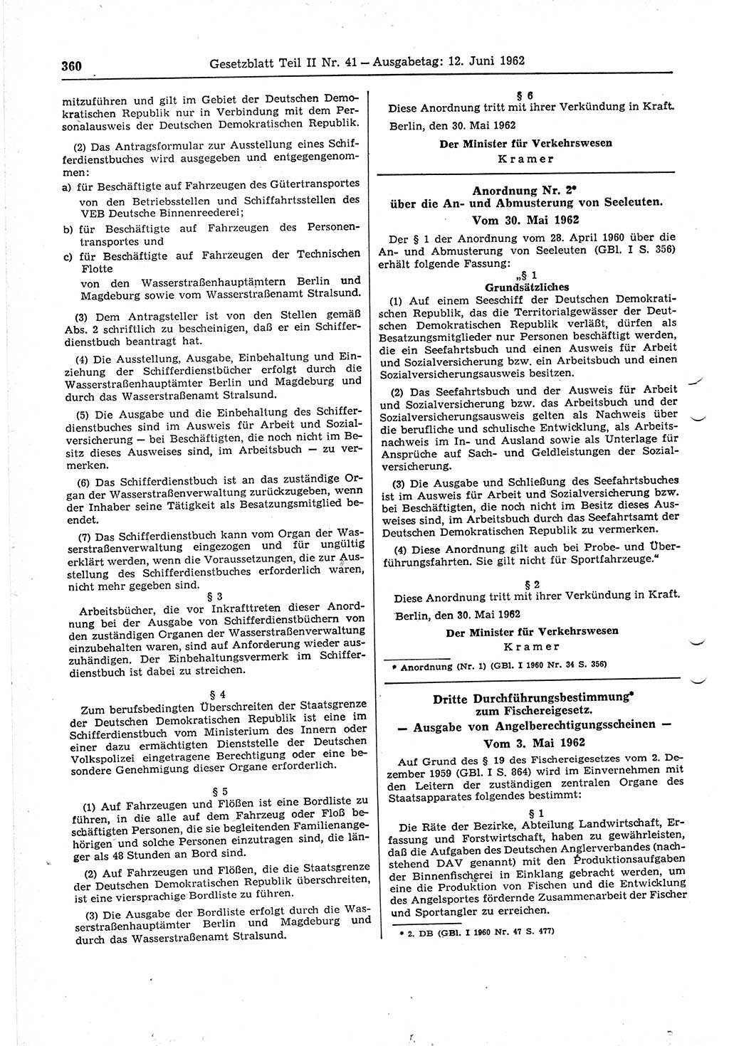 Gesetzblatt (GBl.) der Deutschen Demokratischen Republik (DDR) Teil ⅠⅠ 1962, Seite 360 (GBl. DDR ⅠⅠ 1962, S. 360)