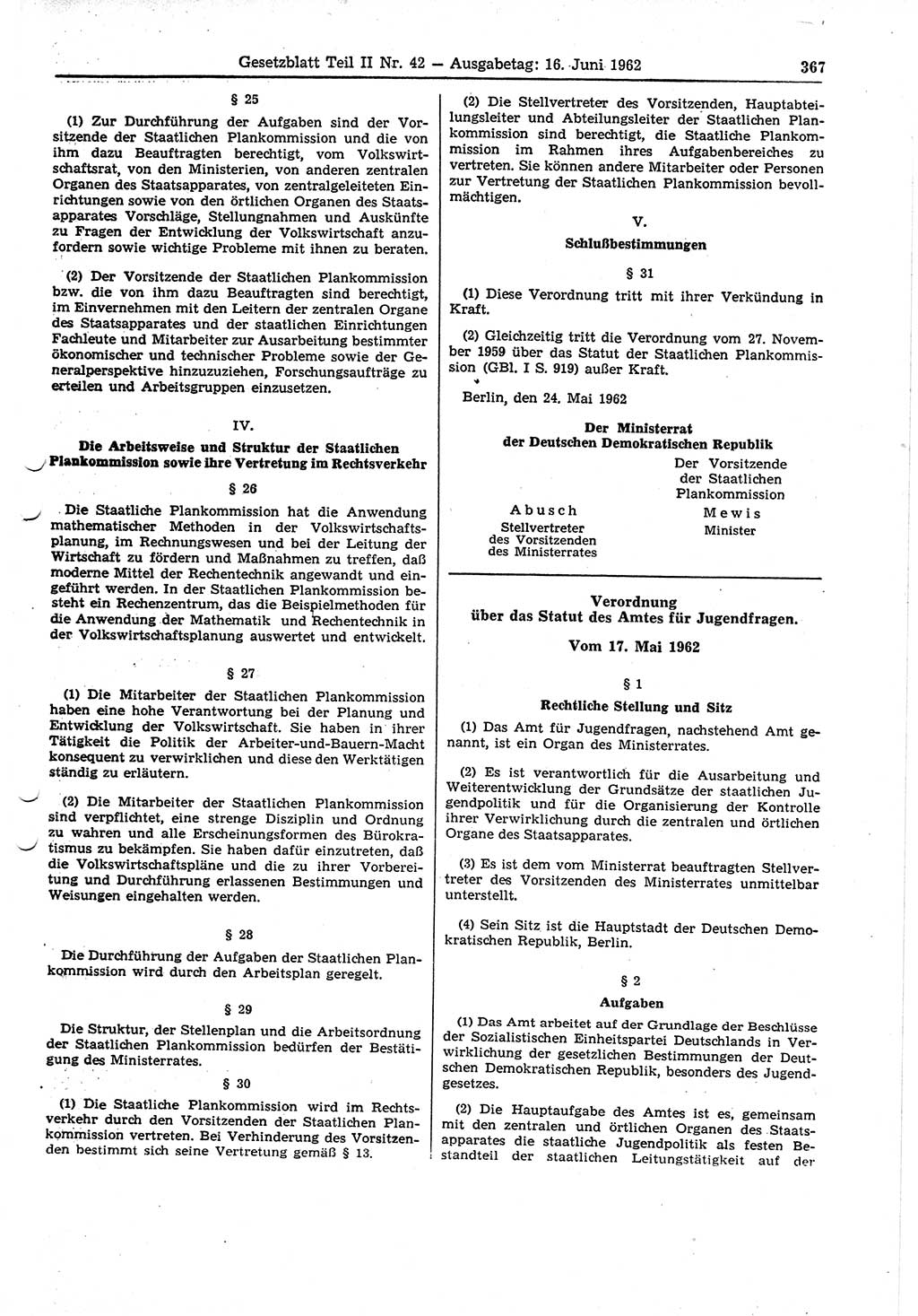 Gesetzblatt (GBl.) der Deutschen Demokratischen Republik (DDR) Teil ⅠⅠ 1962, Seite 367 (GBl. DDR ⅠⅠ 1962, S. 367)