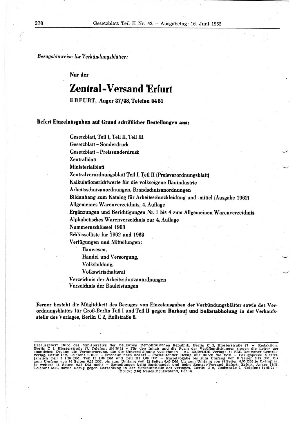 Gesetzblatt (GBl.) der Deutschen Demokratischen Republik (DDR) Teil ⅠⅠ 1962, Seite 370 (GBl. DDR ⅠⅠ 1962, S. 370)