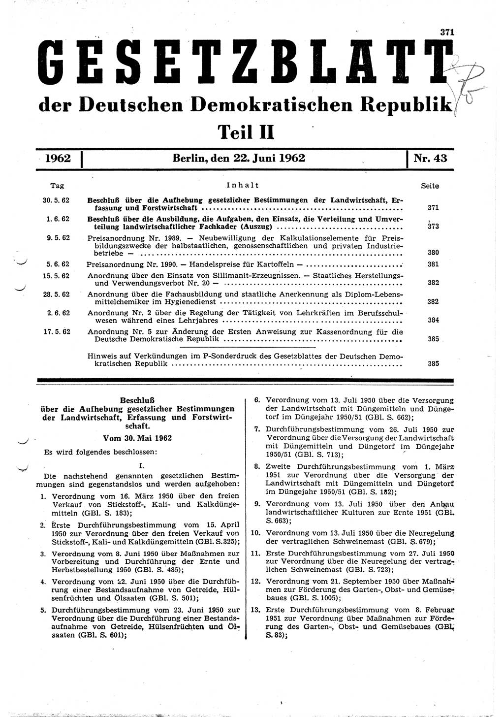 Gesetzblatt (GBl.) der Deutschen Demokratischen Republik (DDR) Teil ⅠⅠ 1962, Seite 371 (GBl. DDR ⅠⅠ 1962, S. 371)