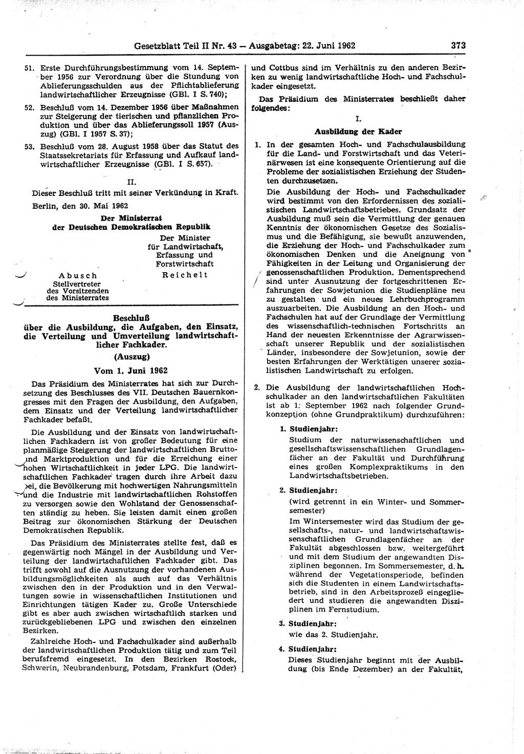 Gesetzblatt (GBl.) der Deutschen Demokratischen Republik (DDR) Teil ⅠⅠ 1962, Seite 373 (GBl. DDR ⅠⅠ 1962, S. 373)