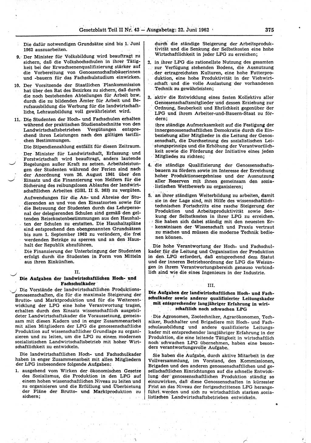 Gesetzblatt (GBl.) der Deutschen Demokratischen Republik (DDR) Teil ⅠⅠ 1962, Seite 375 (GBl. DDR ⅠⅠ 1962, S. 375)