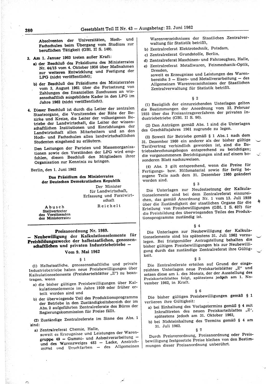 Gesetzblatt (GBl.) der Deutschen Demokratischen Republik (DDR) Teil ⅠⅠ 1962, Seite 380 (GBl. DDR ⅠⅠ 1962, S. 380)