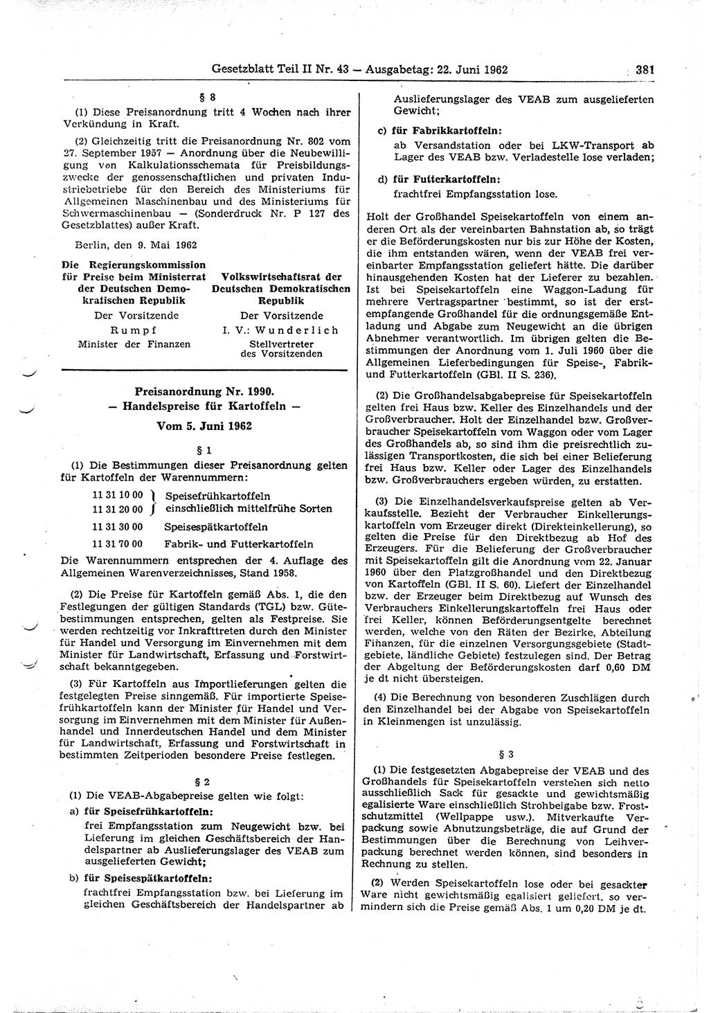 Gesetzblatt (GBl.) der Deutschen Demokratischen Republik (DDR) Teil ⅠⅠ 1962, Seite 381 (GBl. DDR ⅠⅠ 1962, S. 381)