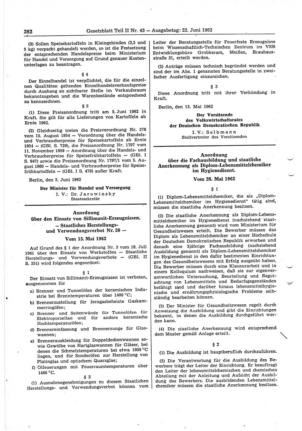 Gesetzblatt (GBl.) der Deutschen Demokratischen Republik (DDR) Teil ⅠⅠ 1962, Seite 382 (GBl. DDR ⅠⅠ 1962, S. 382)