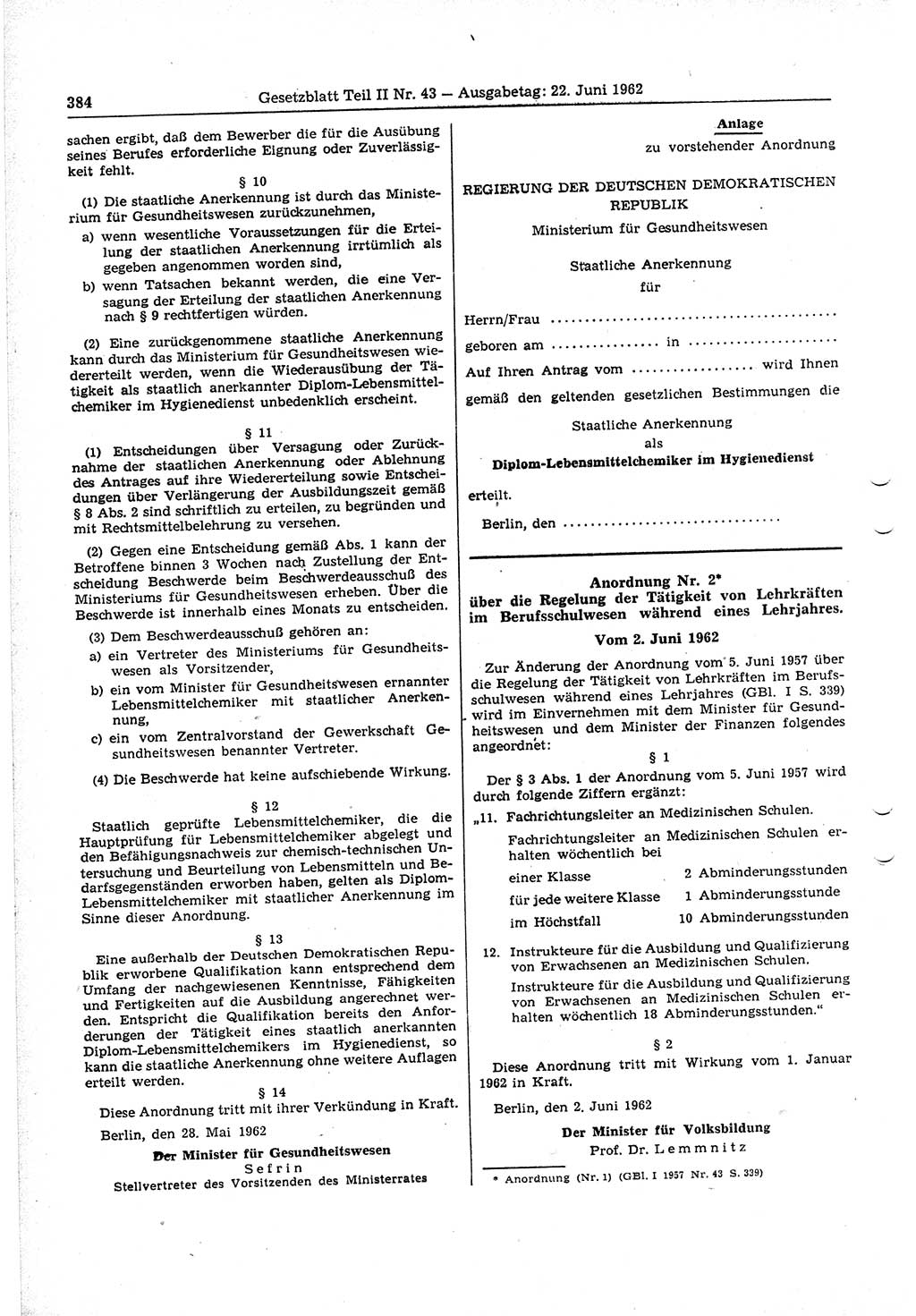 Gesetzblatt (GBl.) der Deutschen Demokratischen Republik (DDR) Teil ⅠⅠ 1962, Seite 384 (GBl. DDR ⅠⅠ 1962, S. 384)