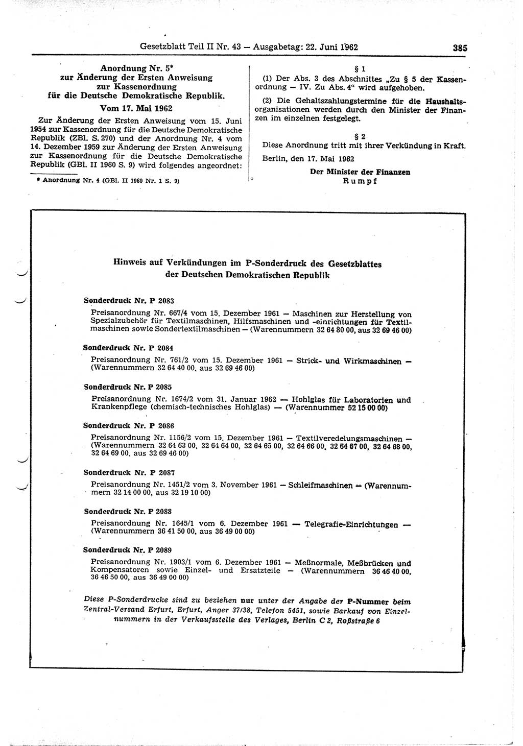 Gesetzblatt (GBl.) der Deutschen Demokratischen Republik (DDR) Teil ⅠⅠ 1962, Seite 385 (GBl. DDR ⅠⅠ 1962, S. 385)