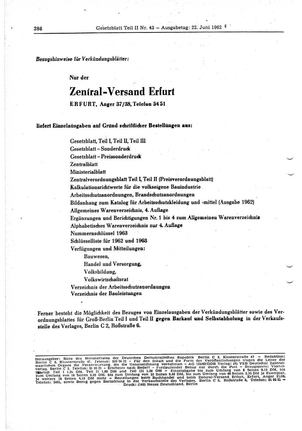 Gesetzblatt (GBl.) der Deutschen Demokratischen Republik (DDR) Teil ⅠⅠ 1962, Seite 386 (GBl. DDR ⅠⅠ 1962, S. 386)