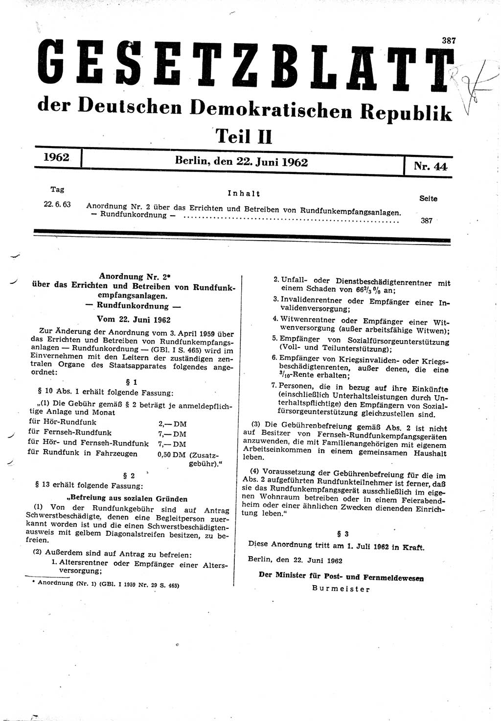 Gesetzblatt (GBl.) der Deutschen Demokratischen Republik (DDR) Teil ⅠⅠ 1962, Seite 387 (GBl. DDR ⅠⅠ 1962, S. 387)