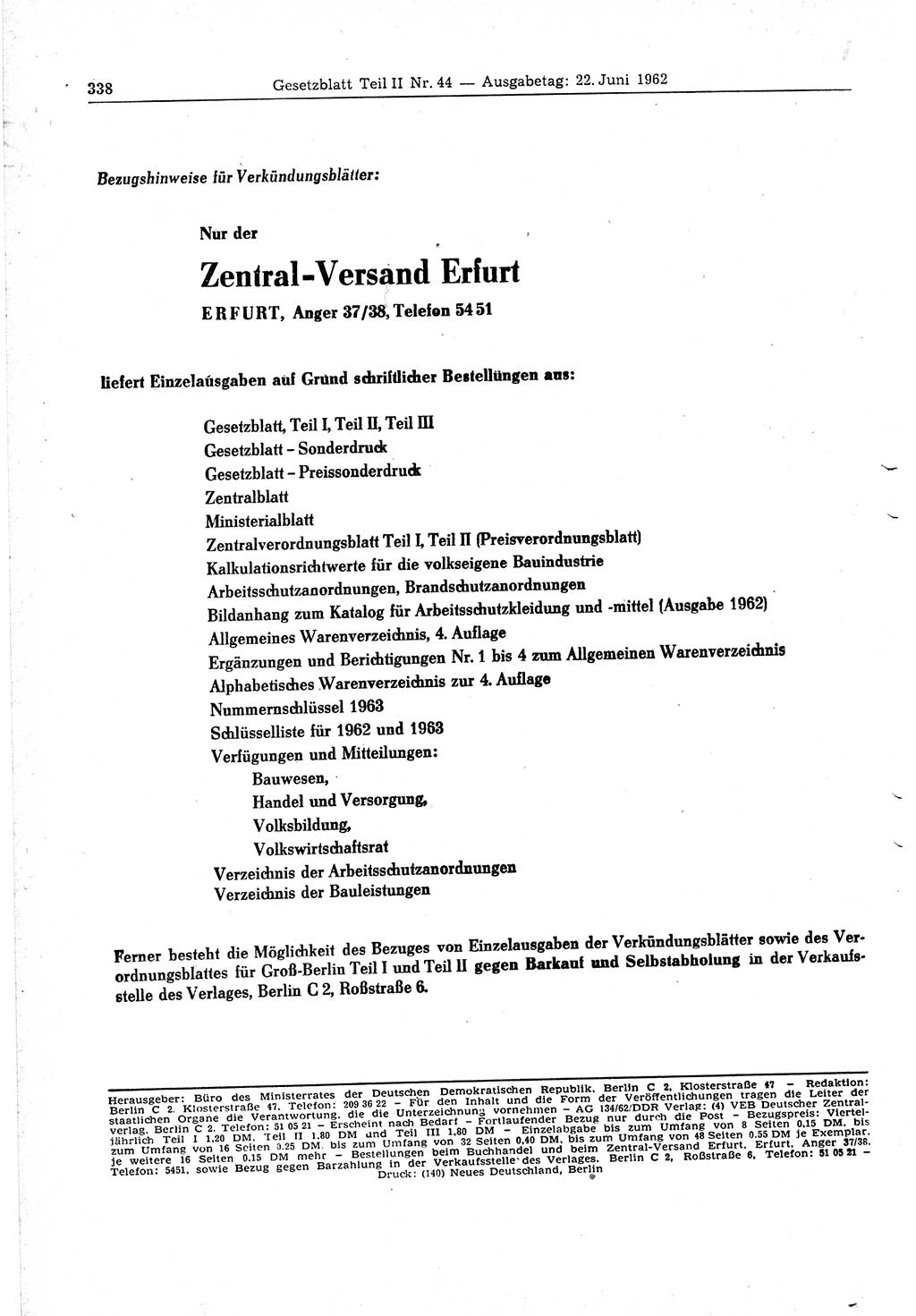 Gesetzblatt (GBl.) der Deutschen Demokratischen Republik (DDR) Teil ⅠⅠ 1962, Seite 388 (GBl. DDR ⅠⅠ 1962, S. 388)