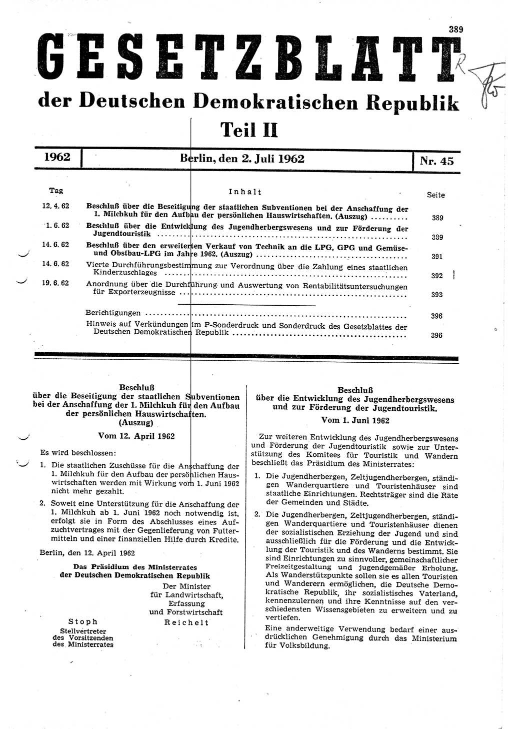 Gesetzblatt (GBl.) der Deutschen Demokratischen Republik (DDR) Teil ⅠⅠ 1962, Seite 389 (GBl. DDR ⅠⅠ 1962, S. 389)