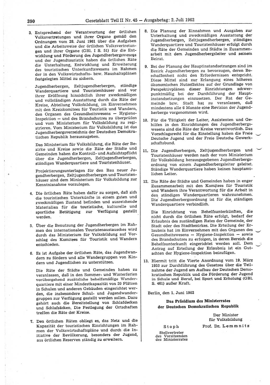 Gesetzblatt (GBl.) der Deutschen Demokratischen Republik (DDR) Teil ⅠⅠ 1962, Seite 390 (GBl. DDR ⅠⅠ 1962, S. 390)