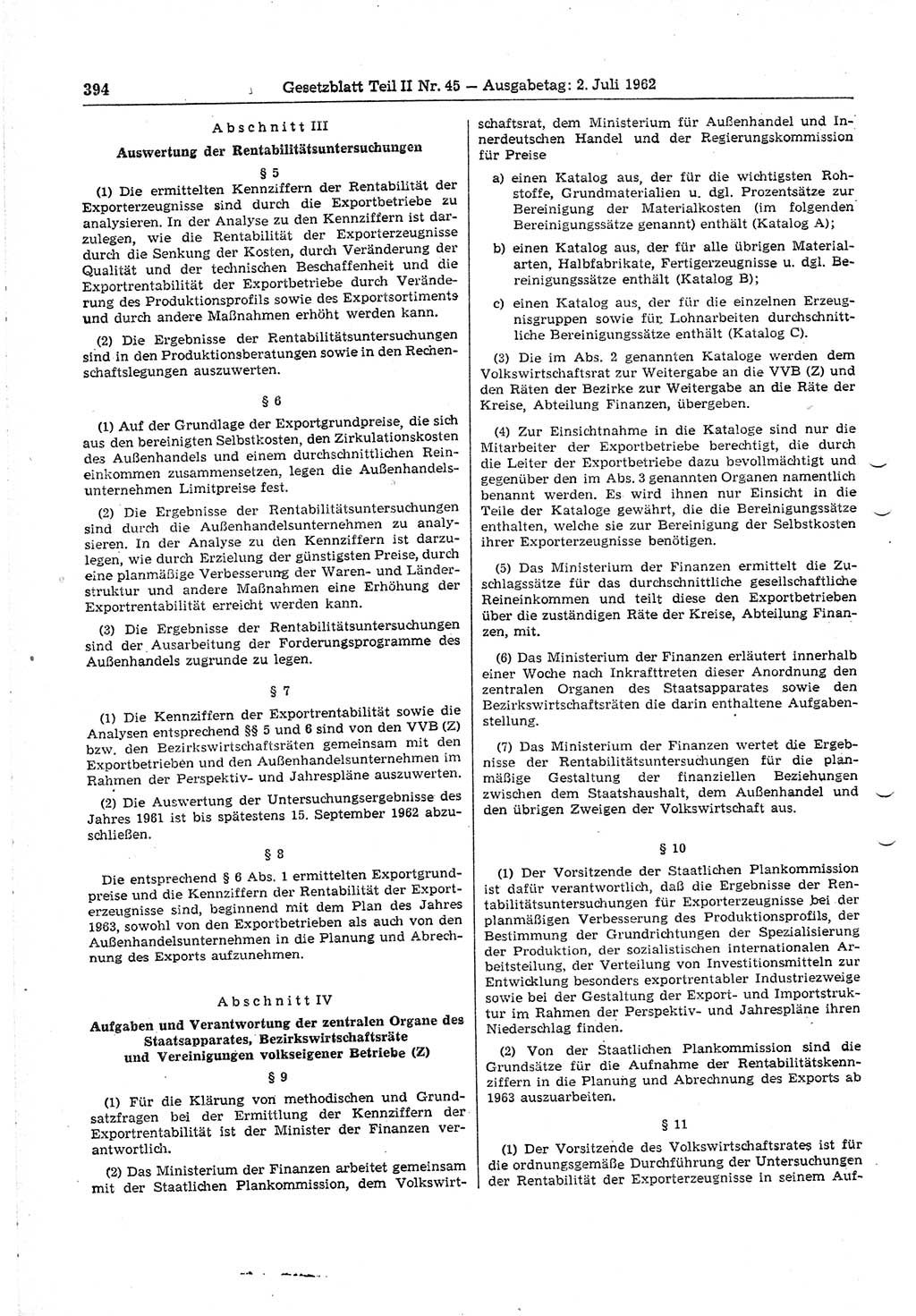 Gesetzblatt (GBl.) der Deutschen Demokratischen Republik (DDR) Teil ⅠⅠ 1962, Seite 394 (GBl. DDR ⅠⅠ 1962, S. 394)