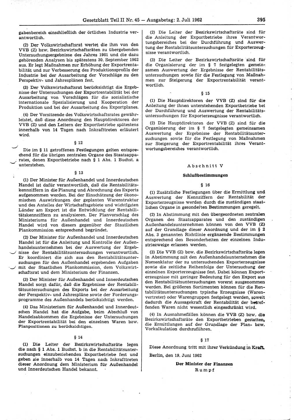 Gesetzblatt (GBl.) der Deutschen Demokratischen Republik (DDR) Teil ⅠⅠ 1962, Seite 395 (GBl. DDR ⅠⅠ 1962, S. 395)