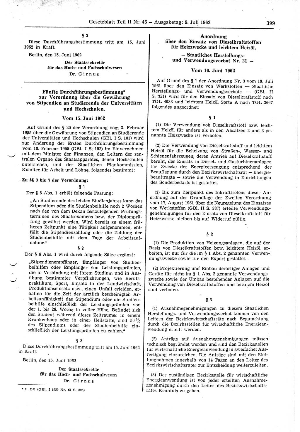 Gesetzblatt (GBl.) der Deutschen Demokratischen Republik (DDR) Teil ⅠⅠ 1962, Seite 399 (GBl. DDR ⅠⅠ 1962, S. 399)