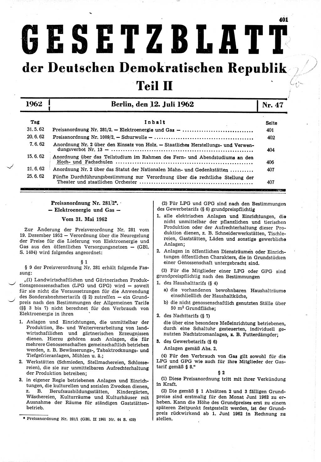 Gesetzblatt (GBl.) der Deutschen Demokratischen Republik (DDR) Teil ⅠⅠ 1962, Seite 401 (GBl. DDR ⅠⅠ 1962, S. 401)