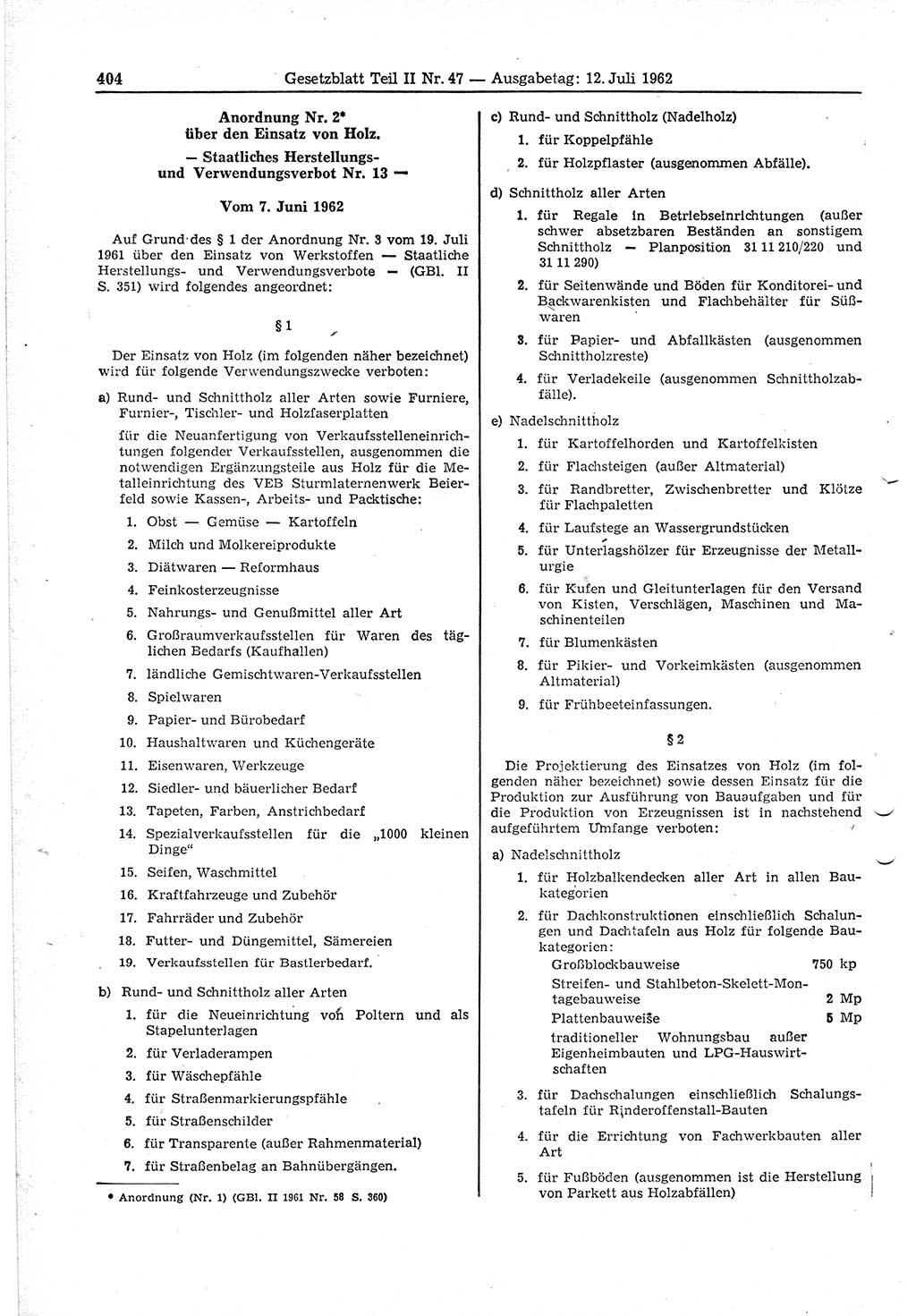 Gesetzblatt (GBl.) der Deutschen Demokratischen Republik (DDR) Teil ⅠⅠ 1962, Seite 404 (GBl. DDR ⅠⅠ 1962, S. 404)